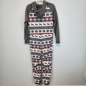 Womens Christmas Pajama Bodysuit Size S Snowflake Reindeer Hooded One Piece Cozy